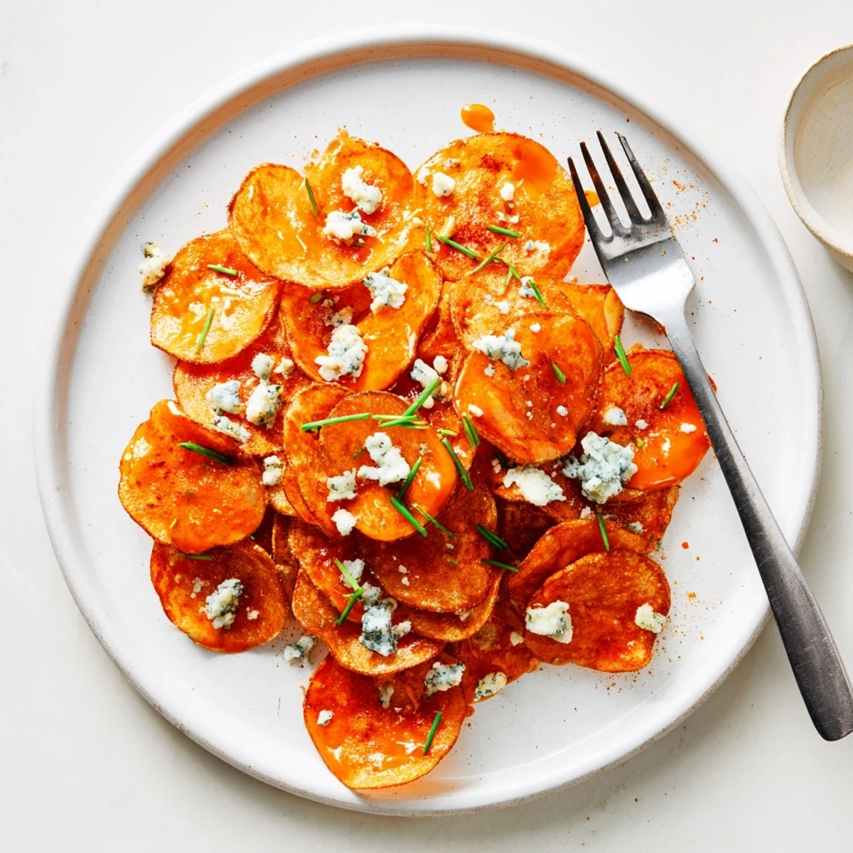 Homemade Buffalo chips sprinkled with fresh chives and served with creamy ranch dressing