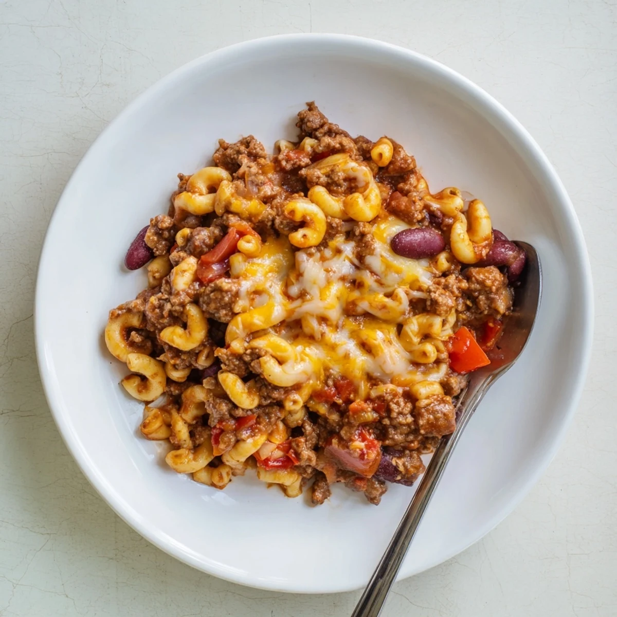 Golden baked Chili Mac and Cheese bubbling with melted cheddar and mozzarella over seasoned beef and kidney beans