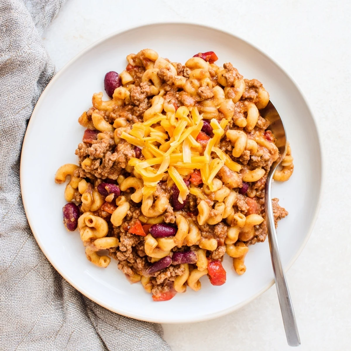 Hearty one-pot Chili Mac and Cheese featuring elbow pasta tossed with spicy ground beef, red peppers, and cheesy sauce