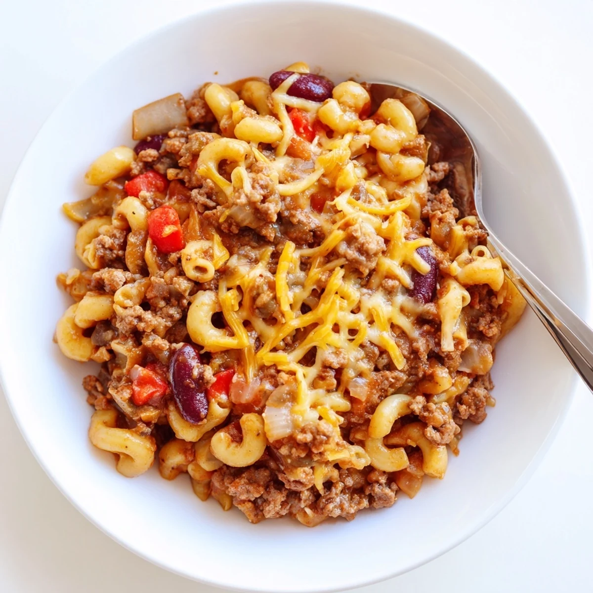 Comforting Chili Mac and Cheese served hot with creamy melted cheese topping, tender pasta, and savory chili-seasoned beef