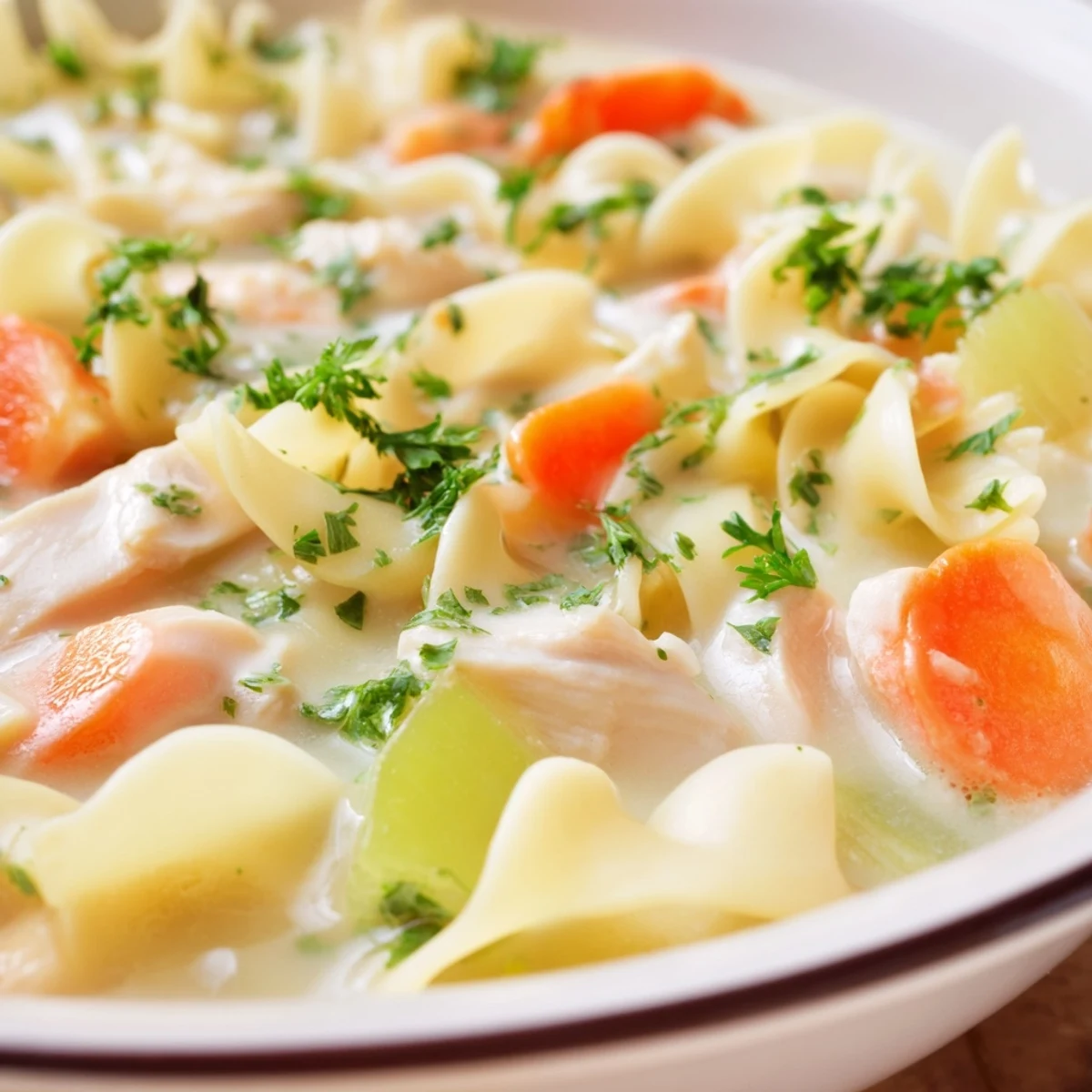 Creamy one pot chicken and noodles served hot in a bowl garnished with fresh green parsley