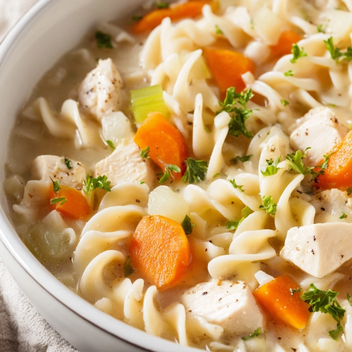Golden one pot chicken and noodles simmered in savory broth with tender egg noodles and vegetables