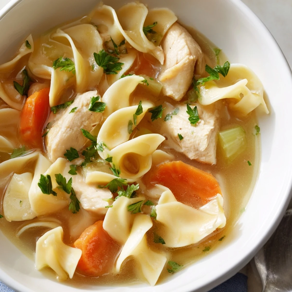 Hearty one pot chicken and noodles featuring chunks of tender chicken meat, carrots, and celery in rich broth