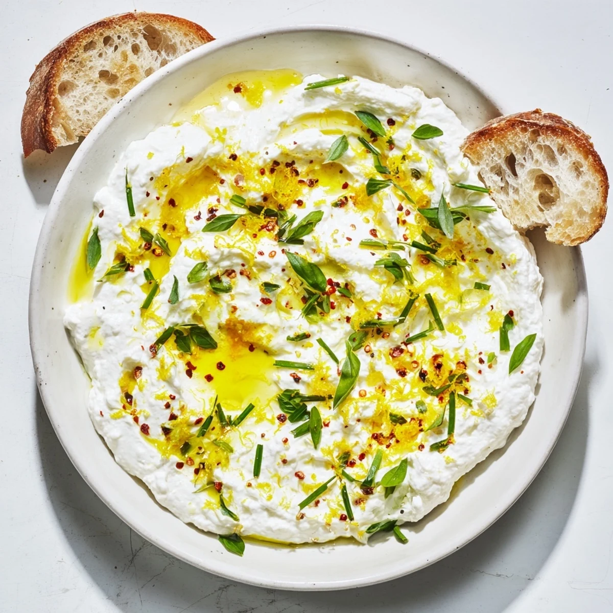 Fluffy whipped ricotta appetizer served with toasted bread and lemon zest garnish for an elegant Italian starter