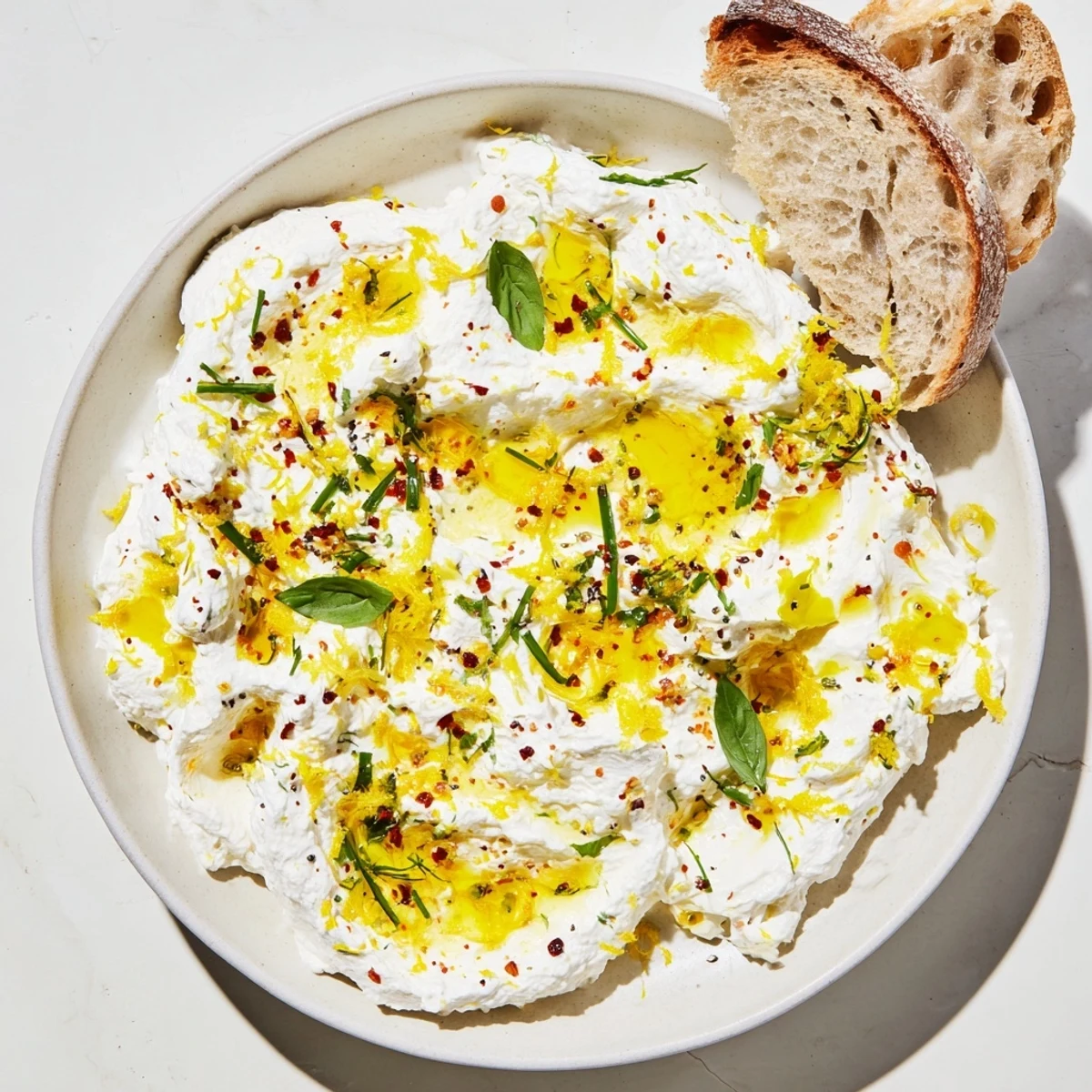 Smooth whipped ricotta cheese bowl finished with honey, herbs, and cracked pepper alongside crusty bread slices