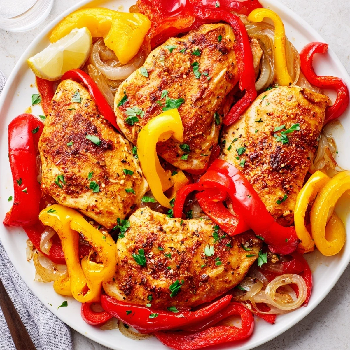 Roasted One Pan Chicken And Peppers served with lemon wedges and parsley