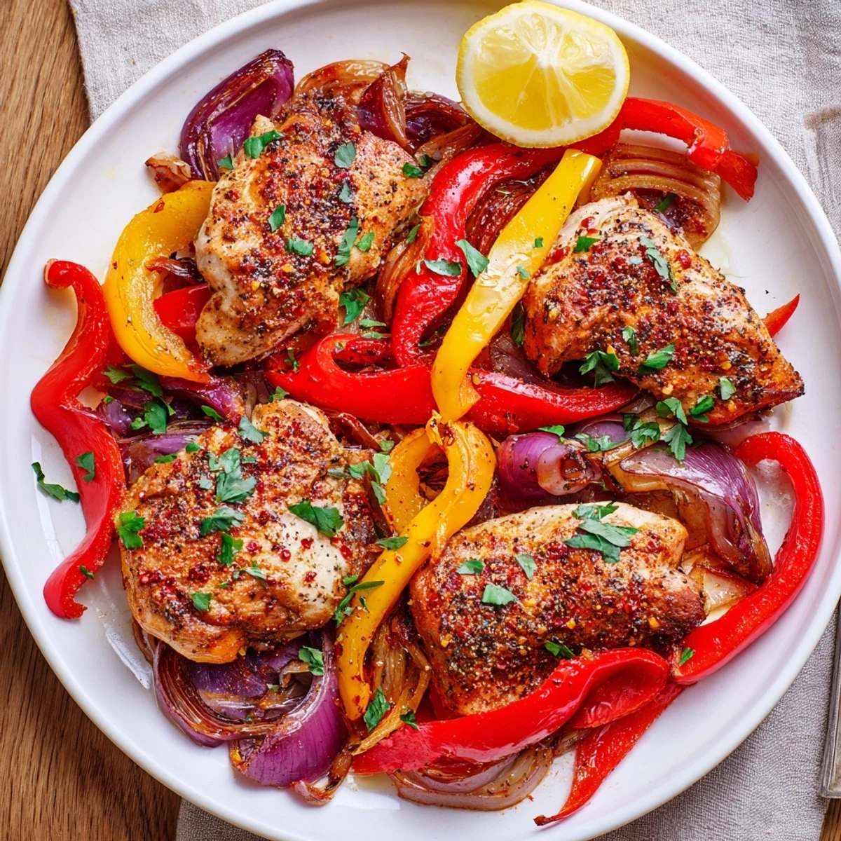 One Pan Chicken And Peppers sizzling with roasted peppers and caramelized onions