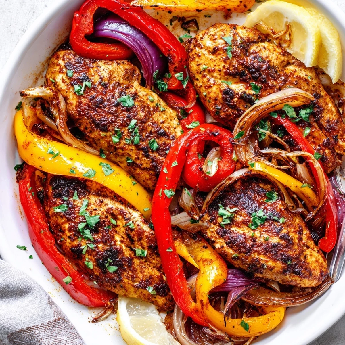 Weeknight One Pan Chicken And Peppers: juicy breasts over tender, colorful vegetables