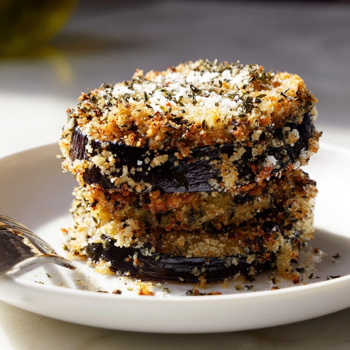 Crispy Baked Eggplant slices with golden herbed crust, served with marinara.