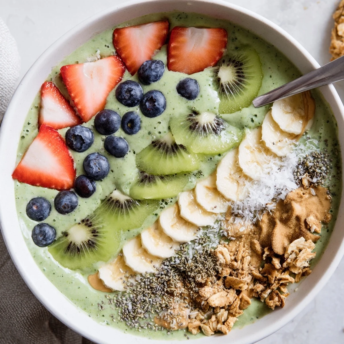 Green Smoothie Bowls topped with kiwi, berries, granola, creamy spinach-mango base