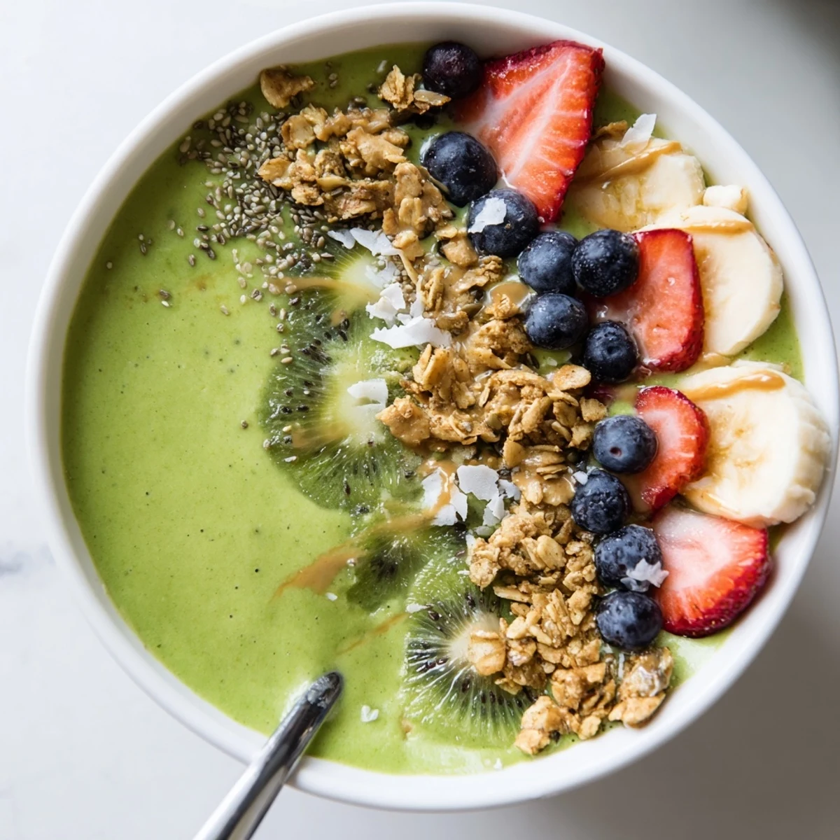 Two Green Smoothie Bowls served with spoon, coconut flakes, vibrant green swirl