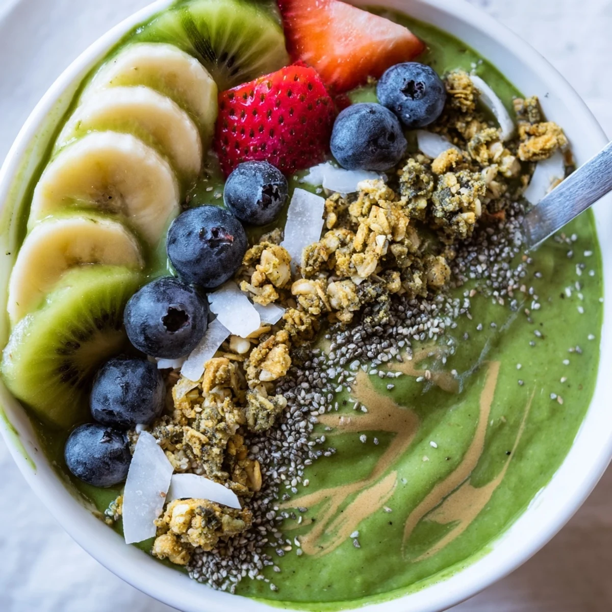 Thick Green Smoothie Bowls layered with granola crunch and juicy berries
