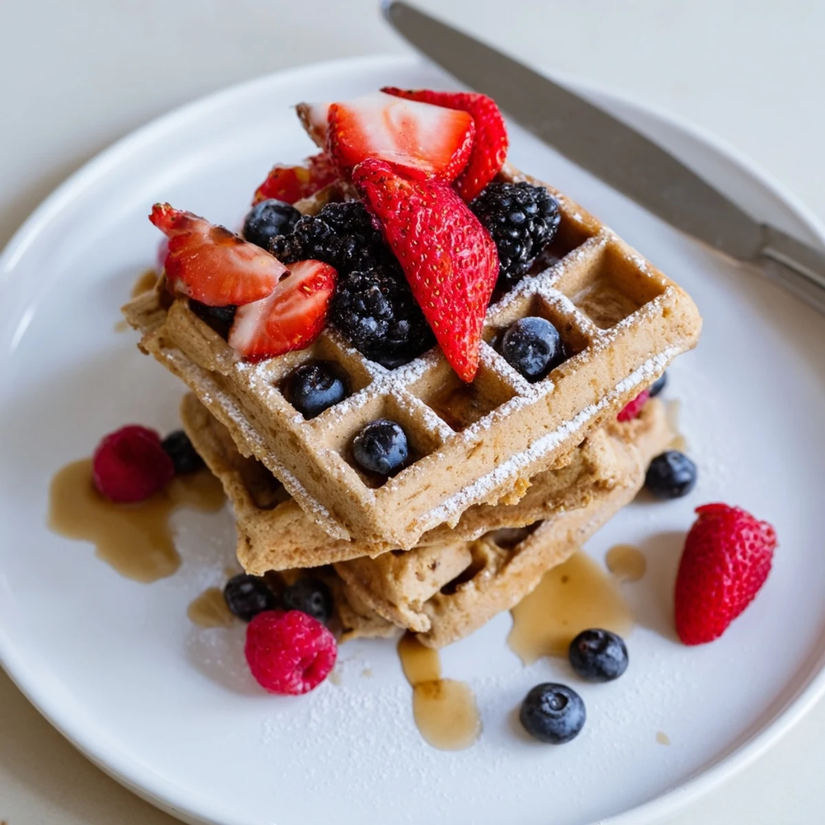 Golden Almond Flour Waffles With Berries steaming on a plate, syrup drizzle