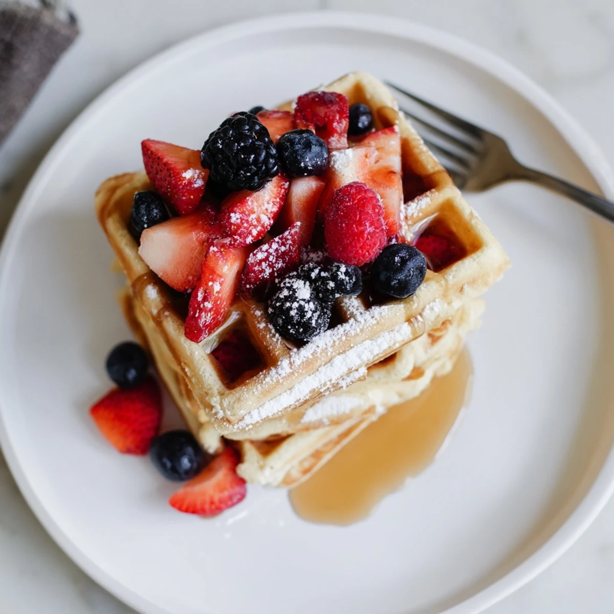 Crisp-edged Almond Flour Waffles With Berries topped with warm maple syrup