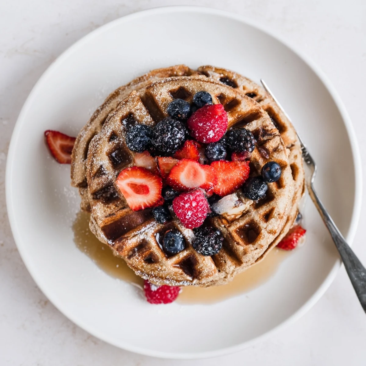 Light, fluffy Almond Flour Waffles With Berries served alongside whipped cream