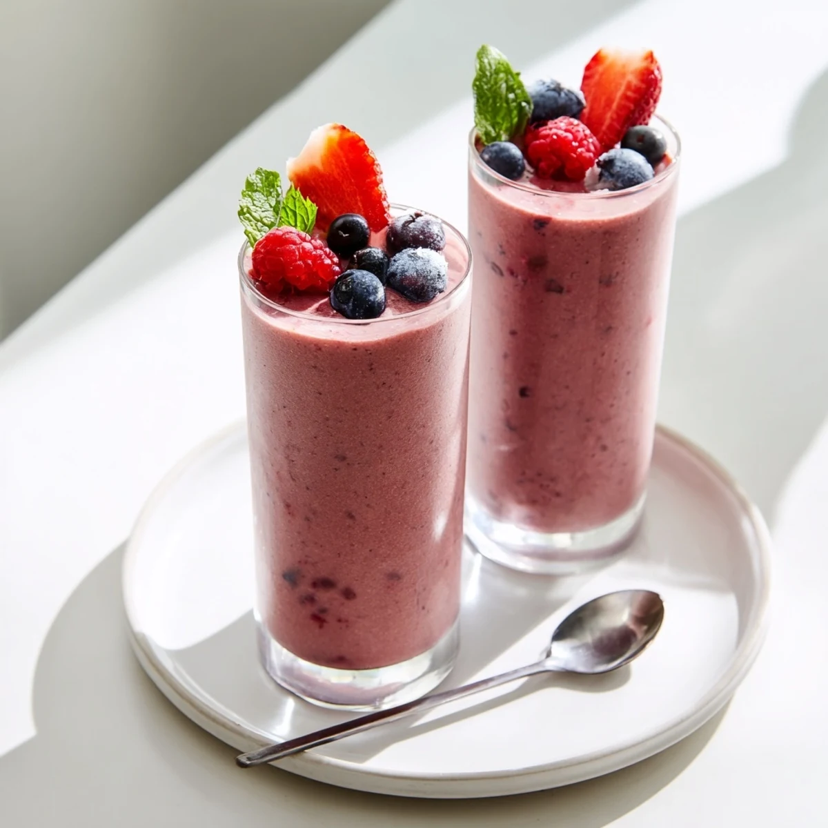 Summer Berry Smoothie poured into tall glasses, bright red purple, topped with mint