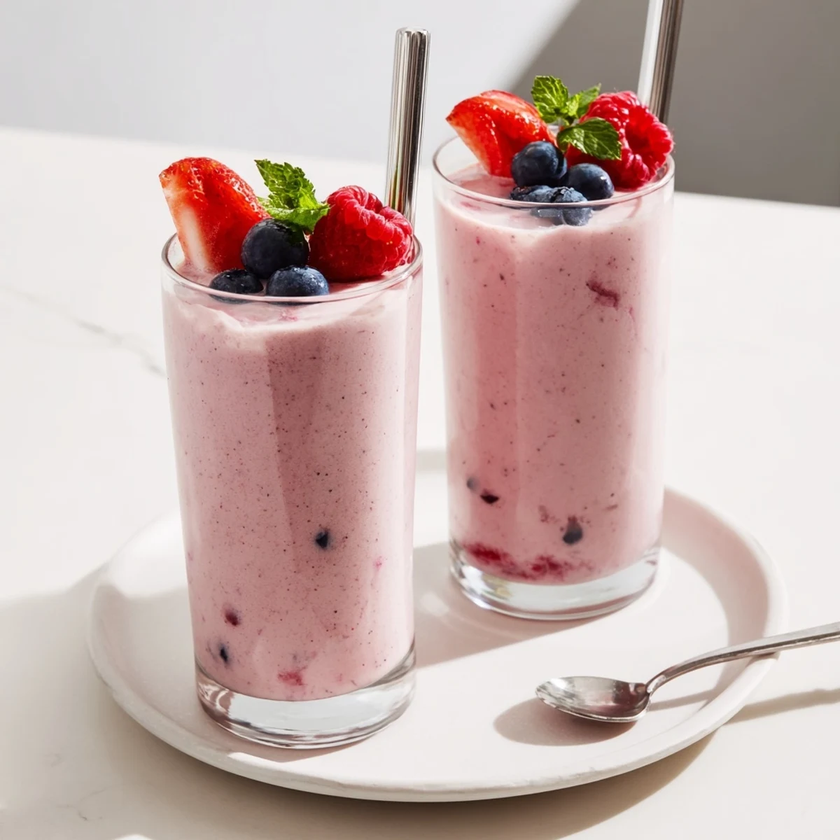 Cold Summer Berry Smoothie with creamy yogurt texture and fresh berry garnish