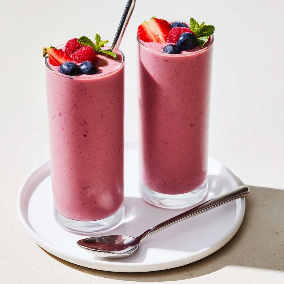 Morning ready Summer Berry Smoothie beside blender, ice flecks, strawberries visible