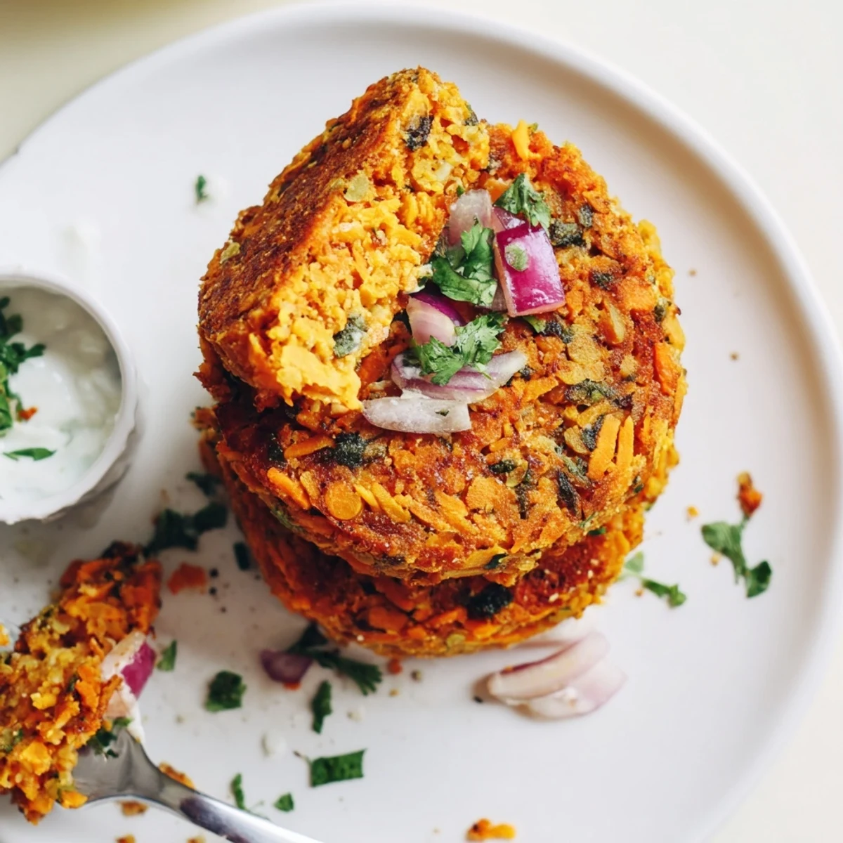 Golden Crispy Sweet Potato Lentil Patties stacked, served with cooling yogurt.  