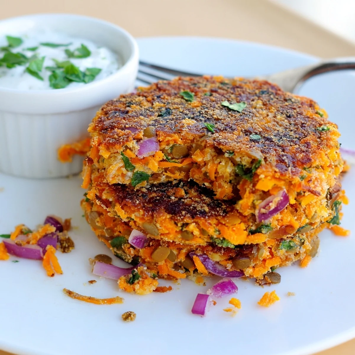 Skillet sizzling Crispy Sweet Potato Lentil Patties, smoky cumin aroma fills kitchen.  