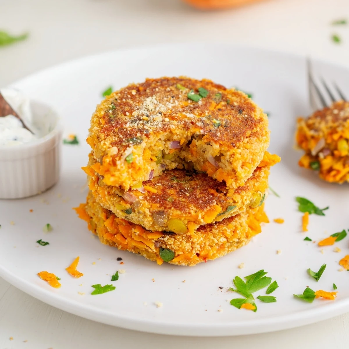 Plate of Crispy Sweet Potato Lentil Patties with tangy avocado yogurt dip.