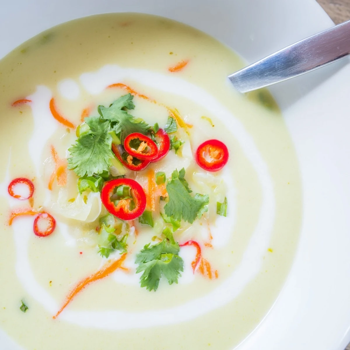 Ginger Lemongrass Coconut Soup steaming in bowl, creamy aroma, cilantro garnish.