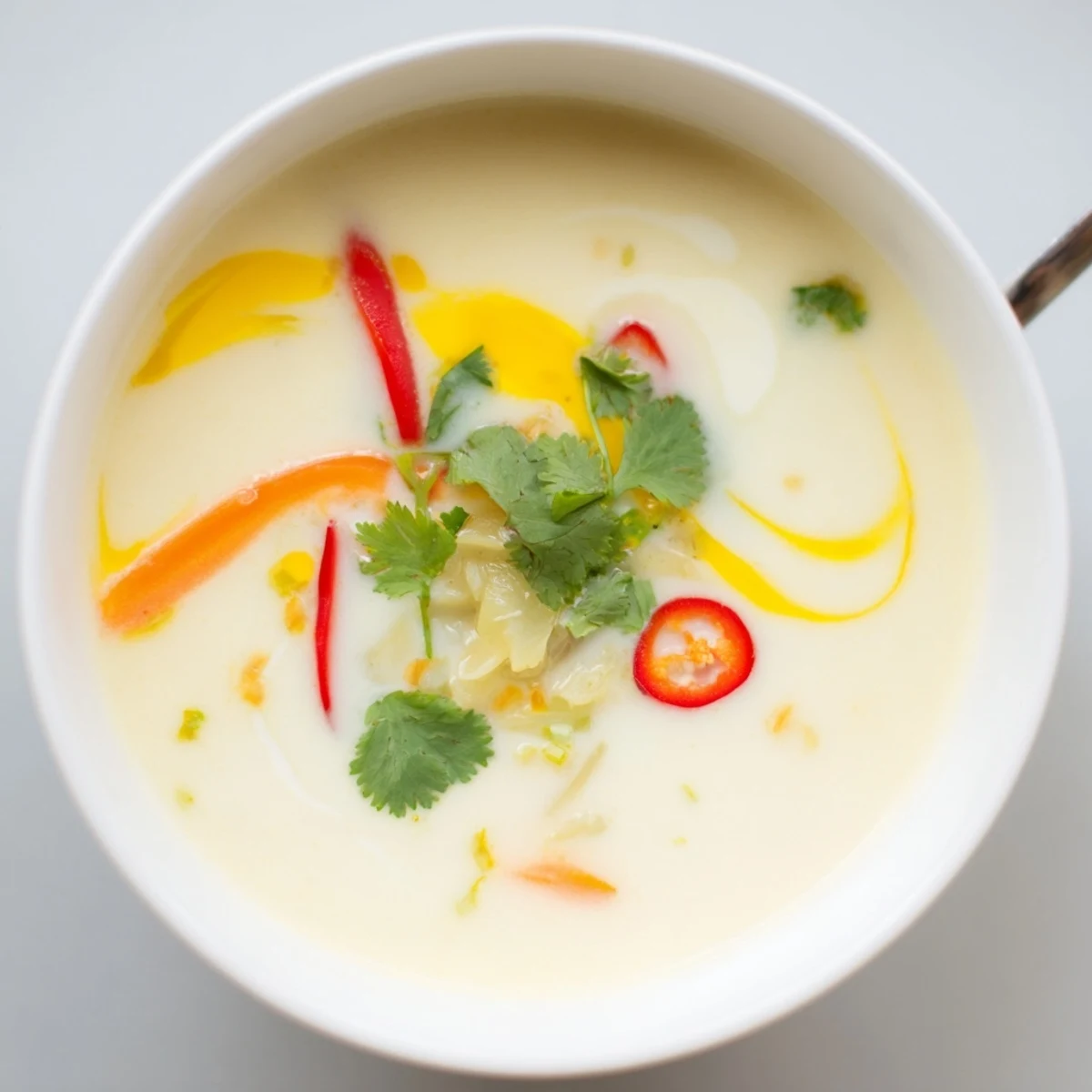 Bright Ginger Lemongrass Coconut Soup with lime, sliced chili, silky broth.