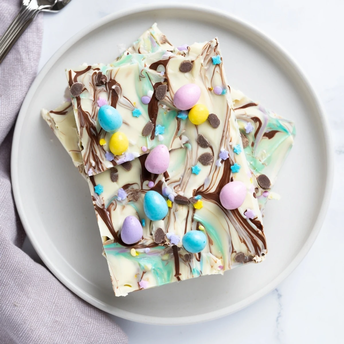 Chunky Robin Egg Easter Bark laid on parchment, pastel sprinkles glinting