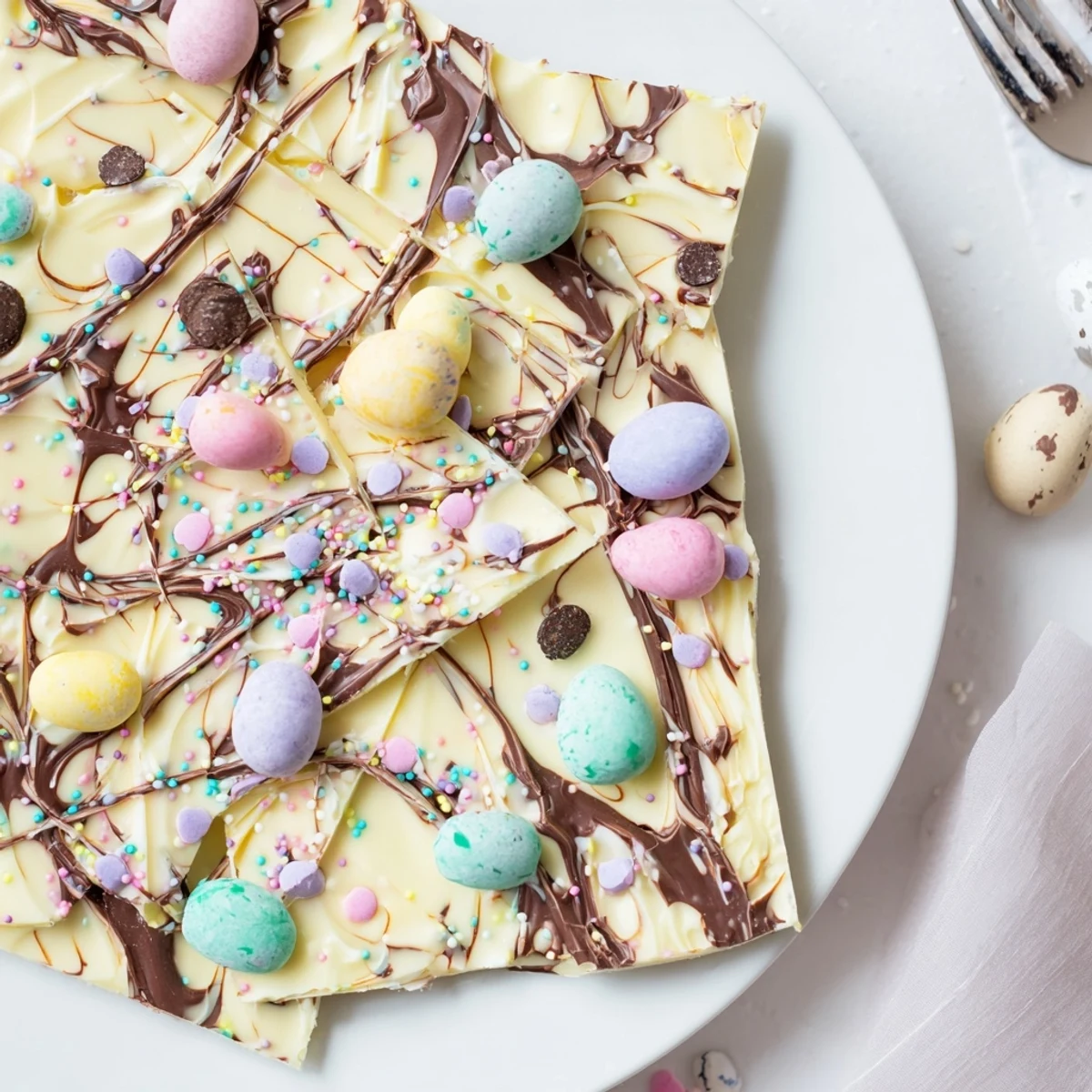 Robin Egg Easter Bark: marbled white and milk chocolate studded with crunchy candies