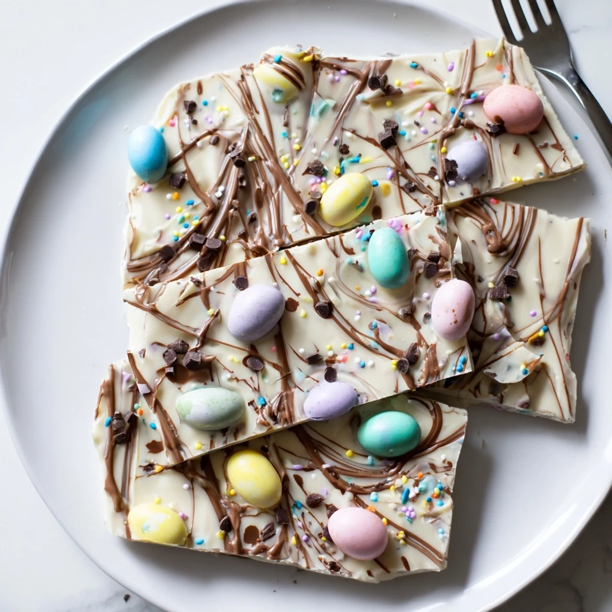 No-bake Robin Egg Easter Bark broken into pieces, sweet, creamy, colorful bite-sized