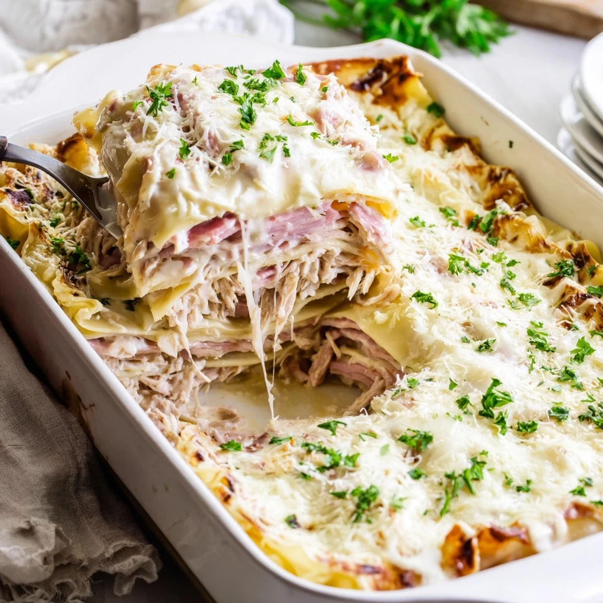 Chicken Cordon Bleu Lasagna baked in glass dish with golden brown parmesan topping