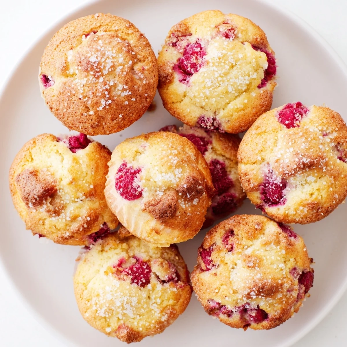 Golden raspberry lemon ricotta muffins with fresh berries and sugar-crusted tops