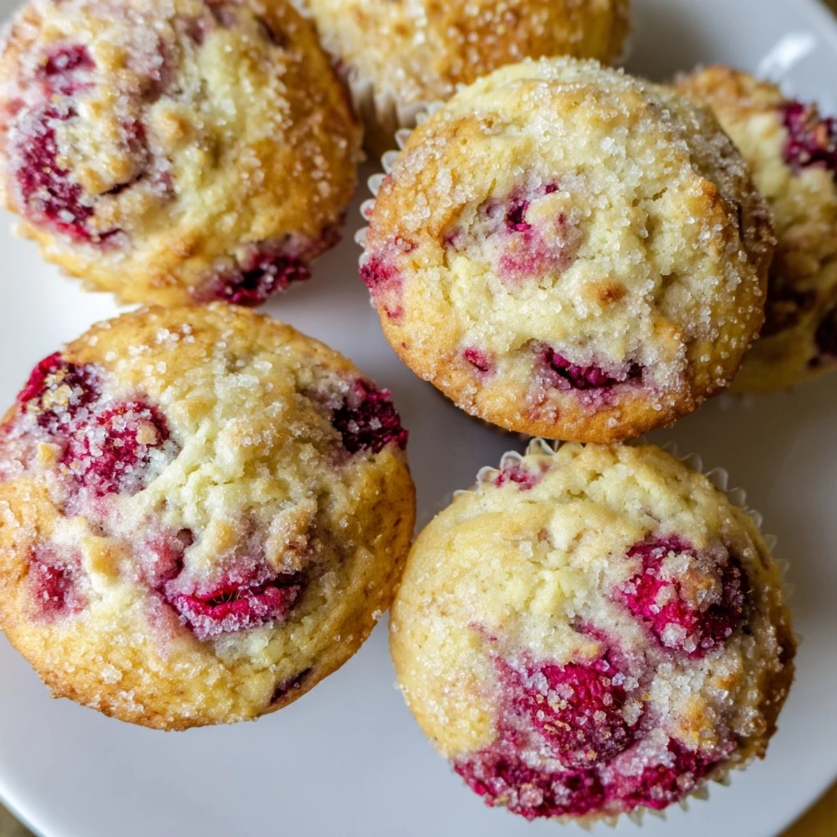 Freshly baked raspberry lemon ricotta muffins bursting with juicy red fruit and citrus