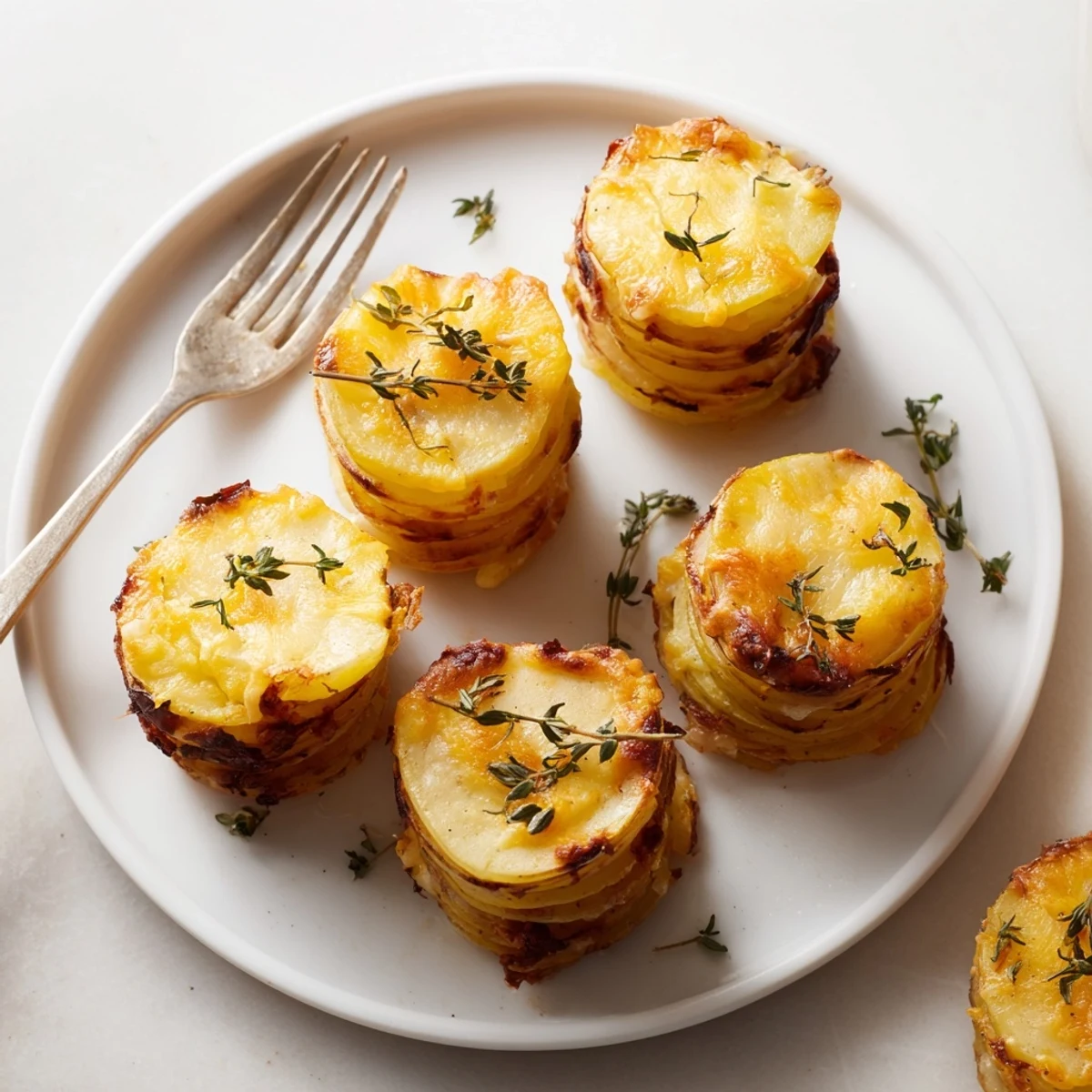 Golden cheese scalloped potato stacks with crispy edges arranged in a muffin tin