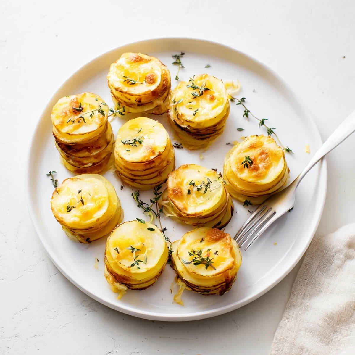 Mini scalloped potato portions topped with melted cheese and fresh thyme garnish