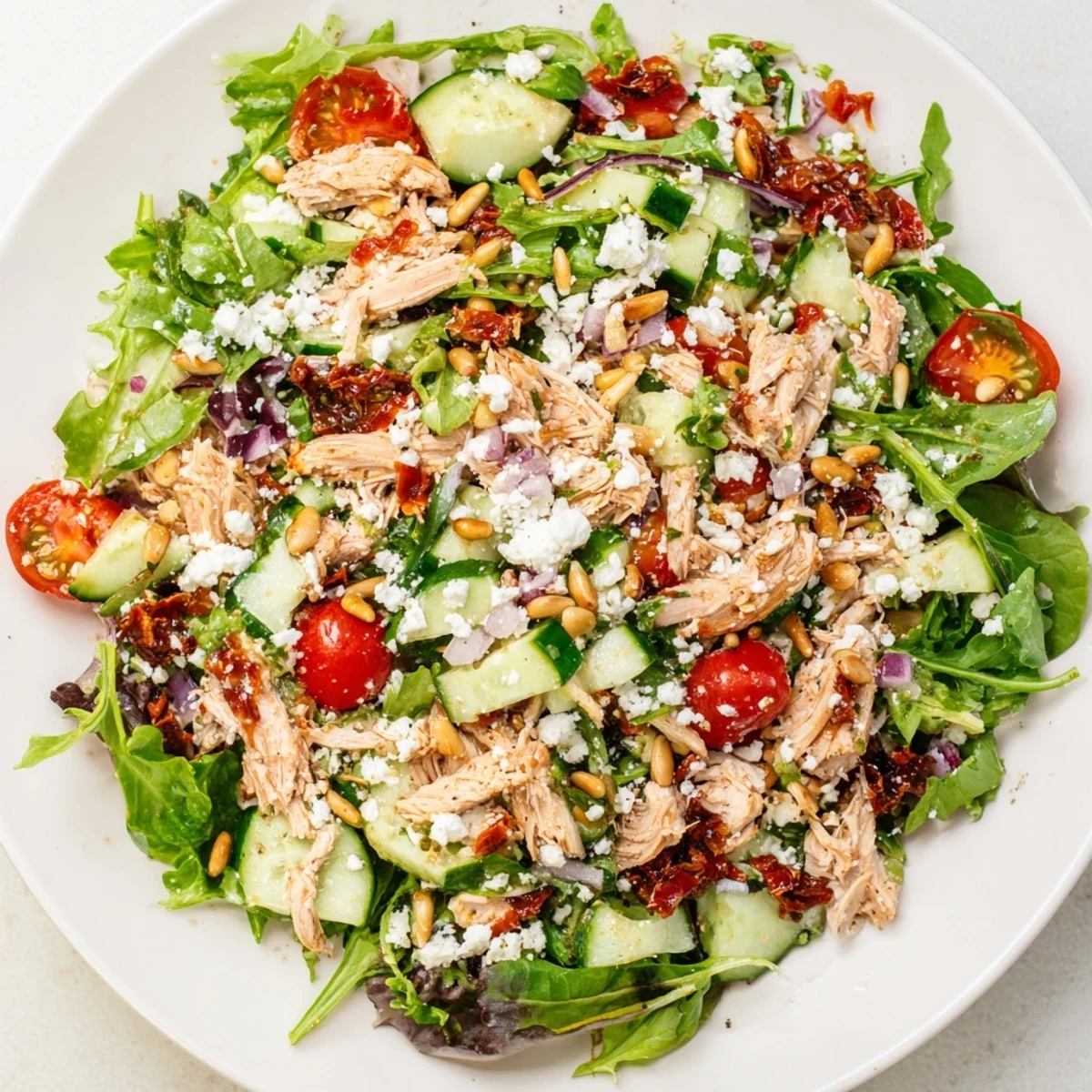 Fresh Sun Dried Tomato Chicken Salad plated with mixed greens, feta cheese, and vibrant vegetables