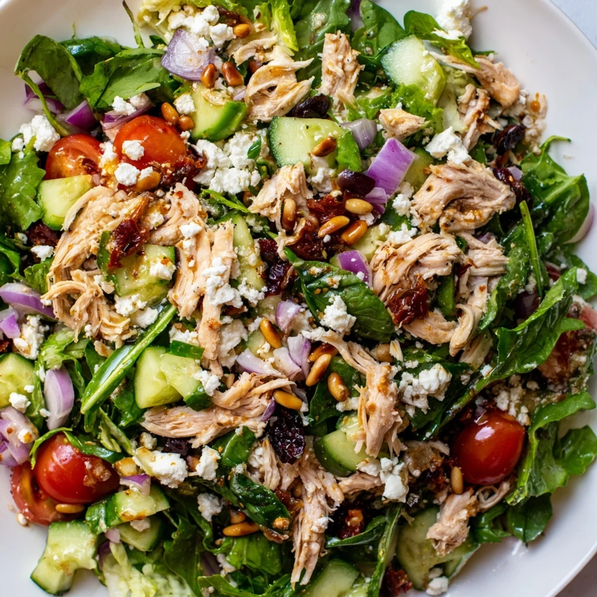 Mediterranean-style Sun Dried Tomato Chicken Salad bowl featuring tender chicken chunks and crisp cucumber slices