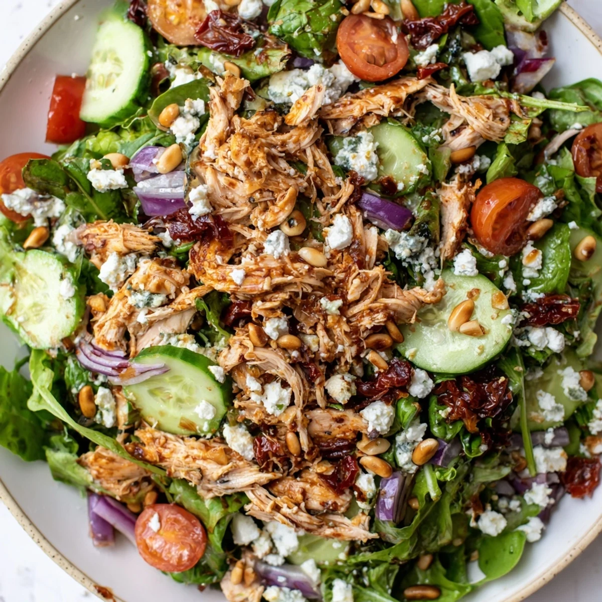 Colorful Sun Dried Tomato Chicken Salad topped with crumbled feta, toasted pine nuts, and balsamic dressing