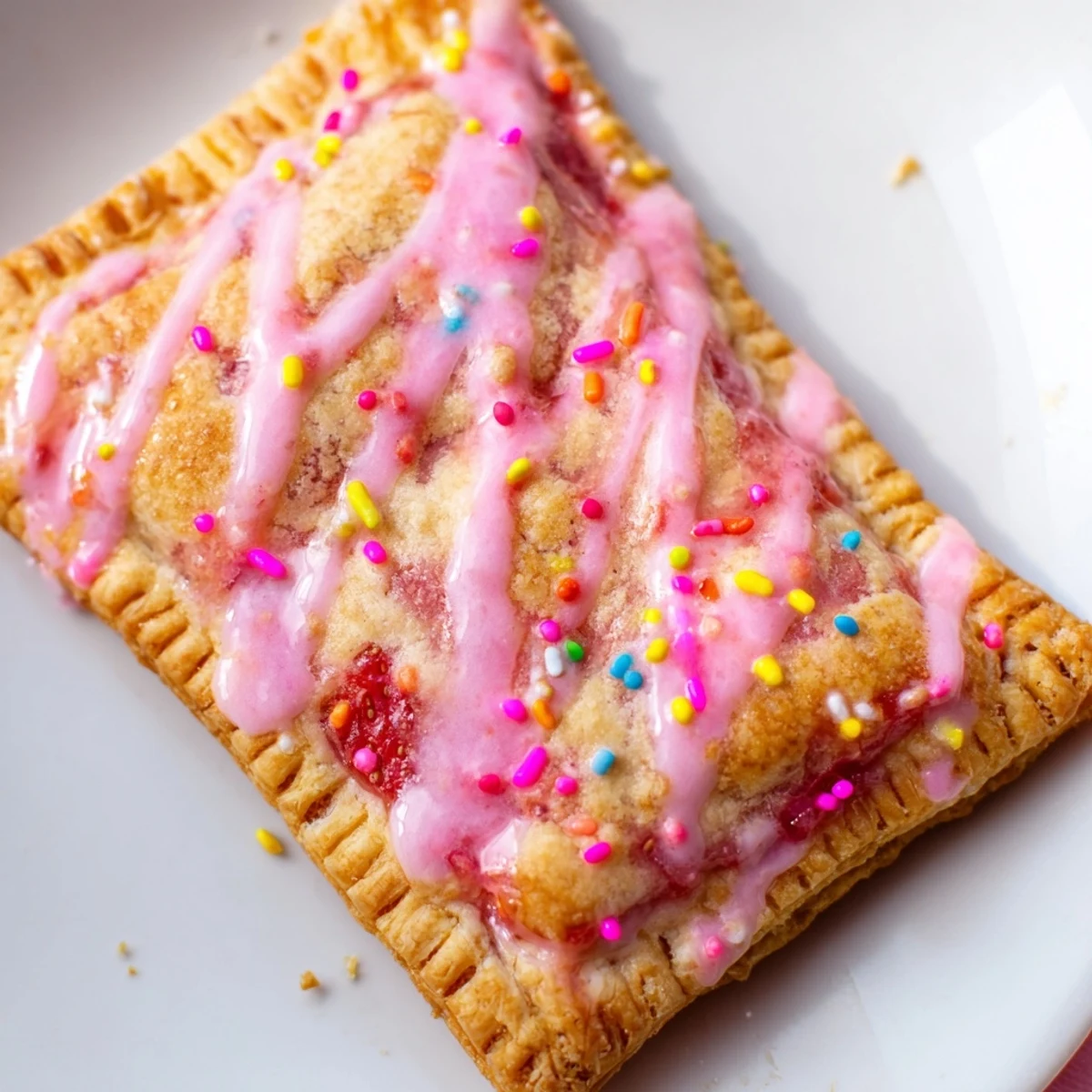 Soft buttery strawberry pop tart cookies drizzled with pink glaze and colorful sprinkles on a white plate