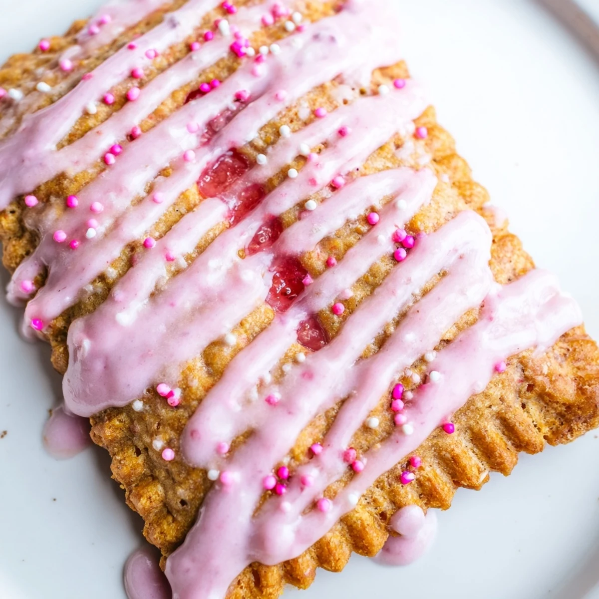 Golden strawberry pop tart cookies oozing with red jam and finished with white glaze and rainbow sprinkles