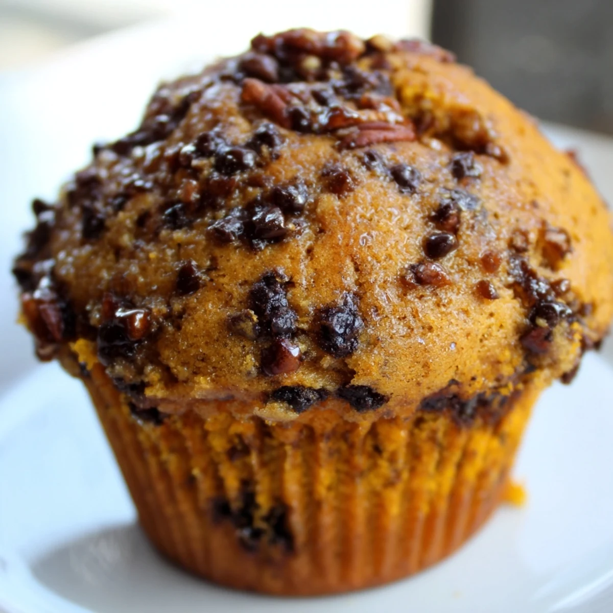 Spiced butternut squash banana muffins with dark chocolate chips on a wooden board