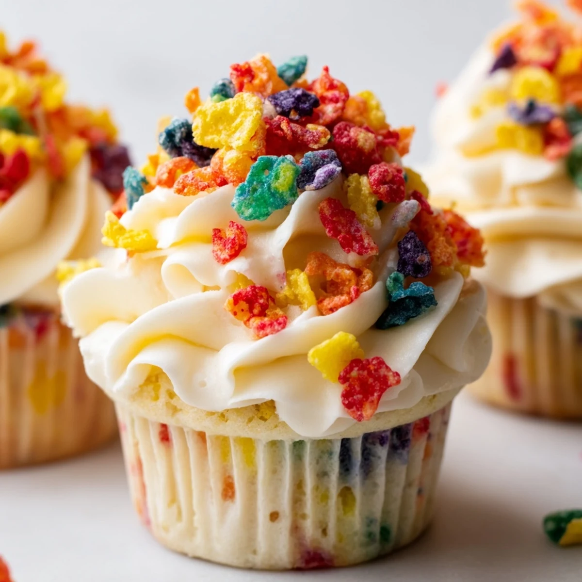 Colorful Fruity Pebbles cereal frosting piped onto chocolate cupcakes with rainbow cereal garnish