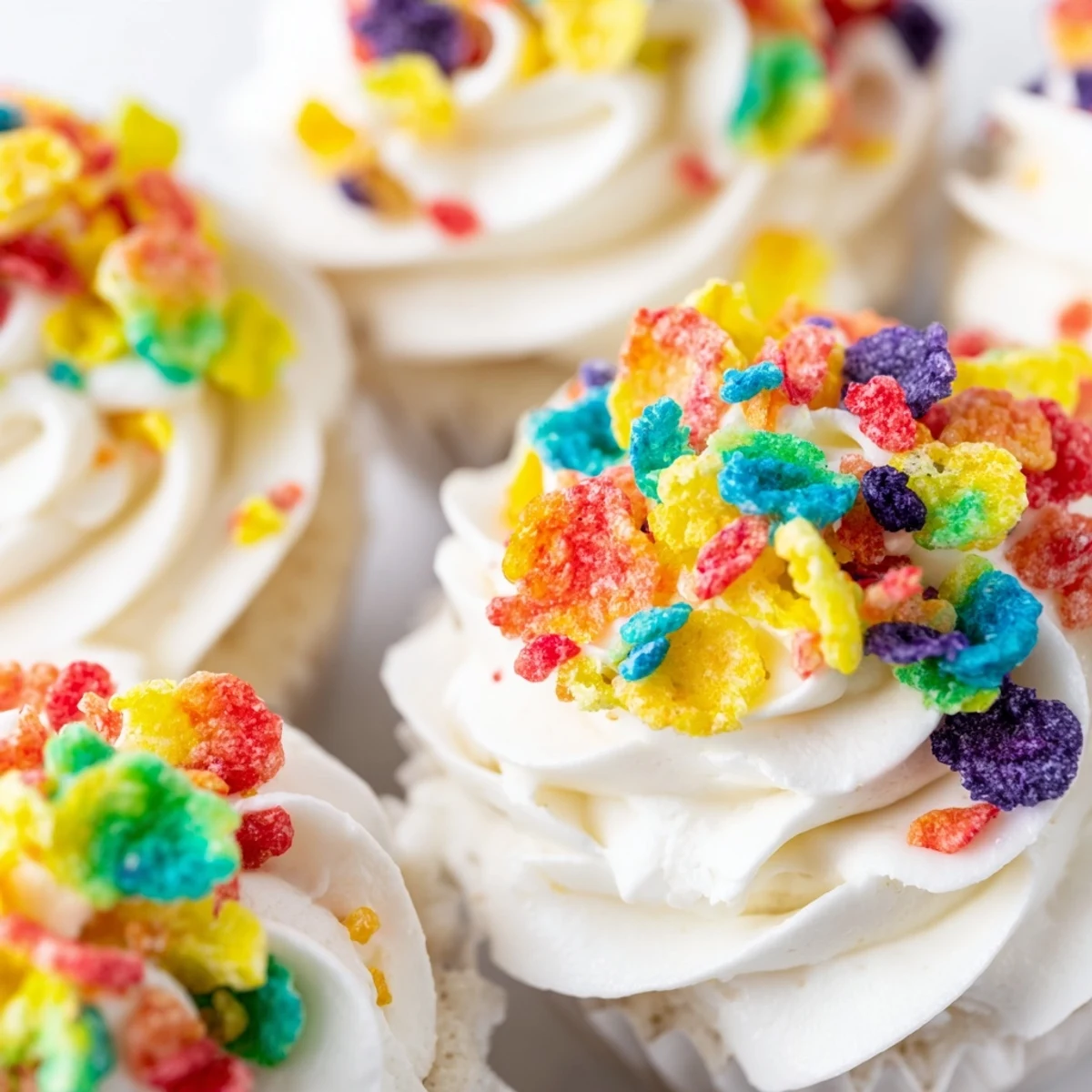 Fluffy white frosting speckled with bright Fruity Pebbles cereal ready for decorating desserts