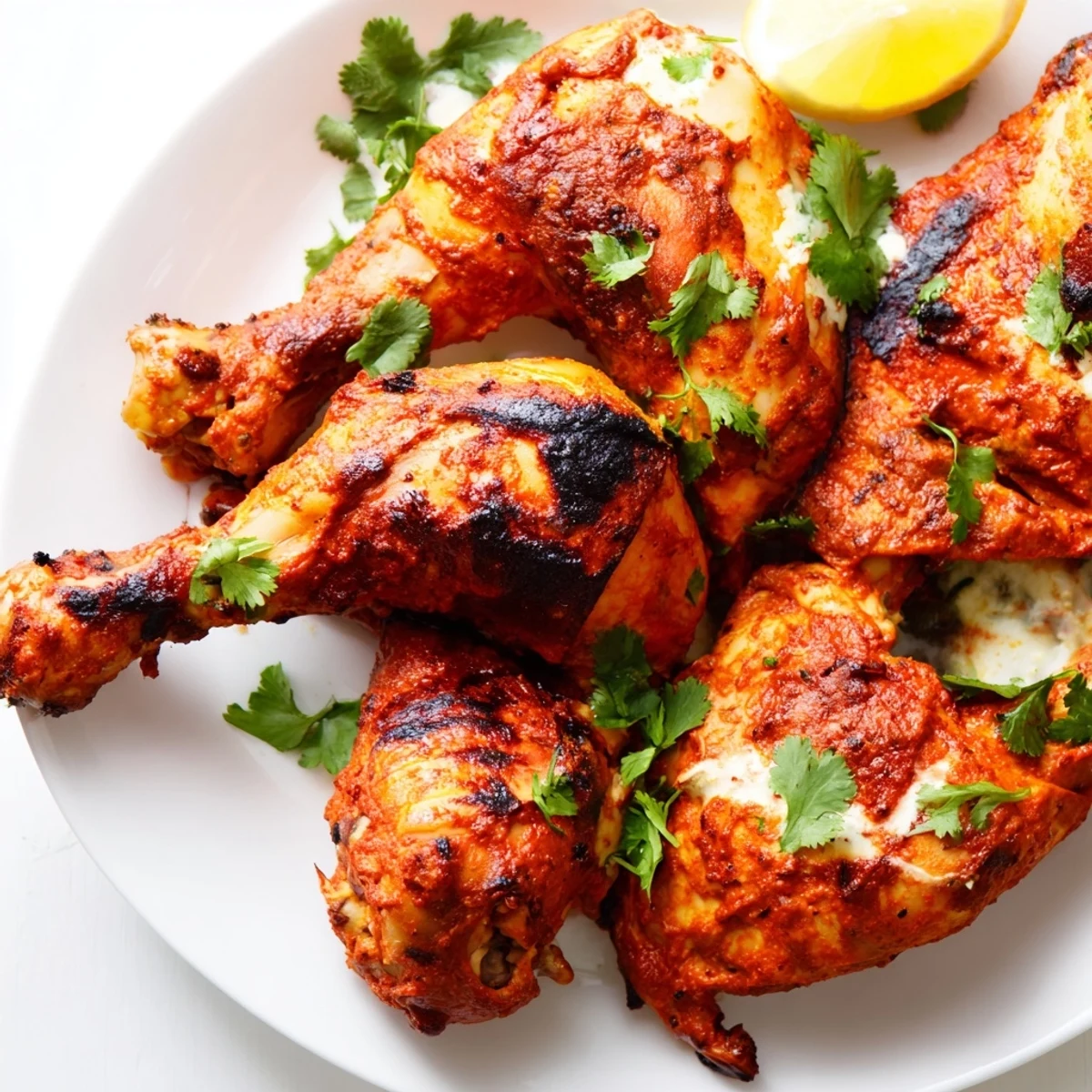 Golden roasted Tandoori Chicken pieces with spiced yogurt marinade and fresh cilantro garnish