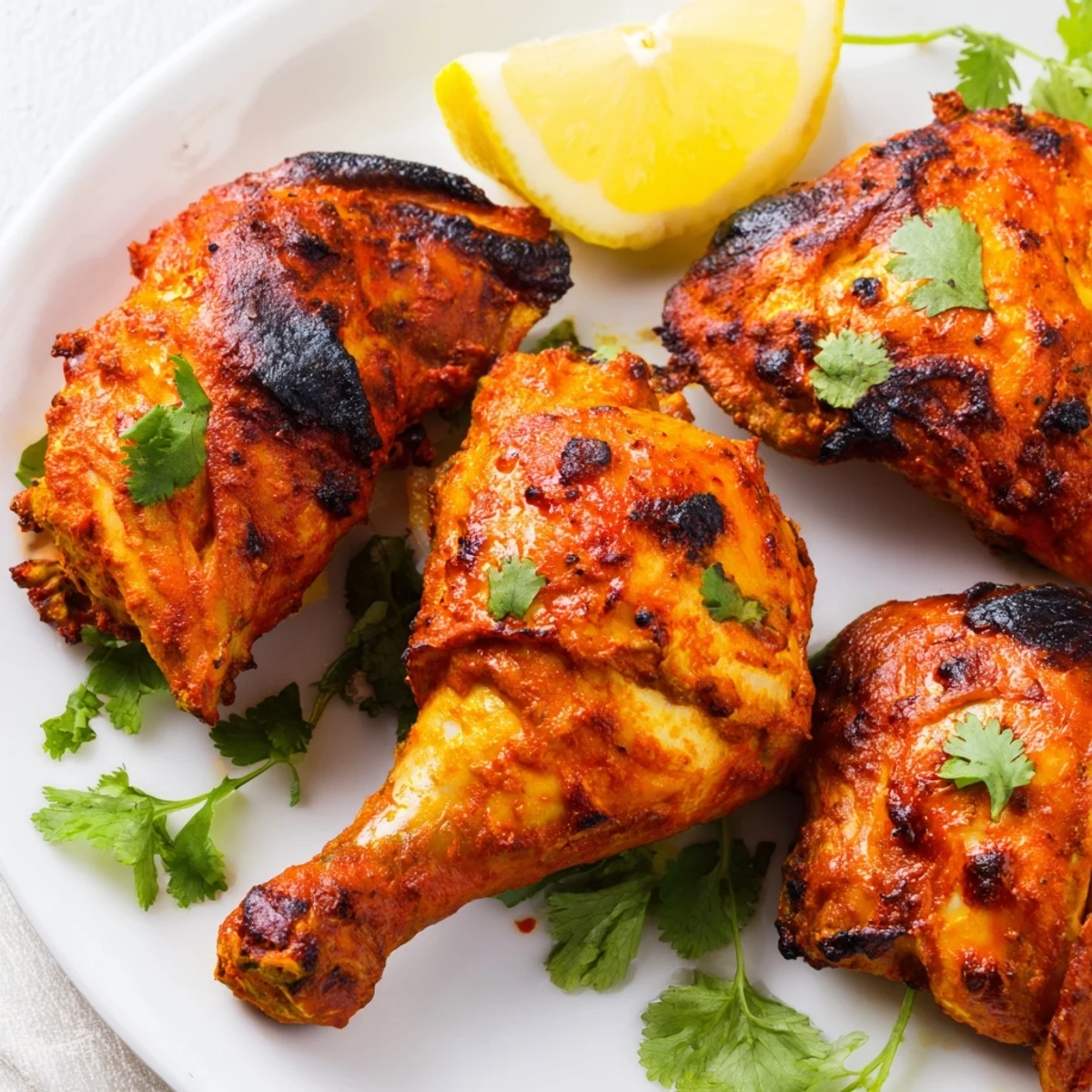 Charred Indian Tandoori Chicken with reddish spice coating served alongside lemon wedges on white plate