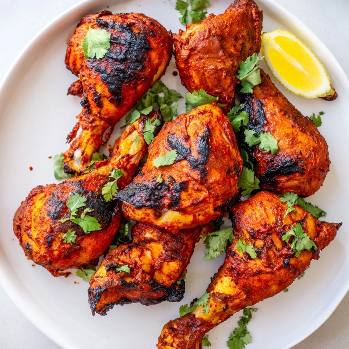 Succulent yogurt-marinated Tandoori Chicken displaying smoky char marks and vibrant red seasoning