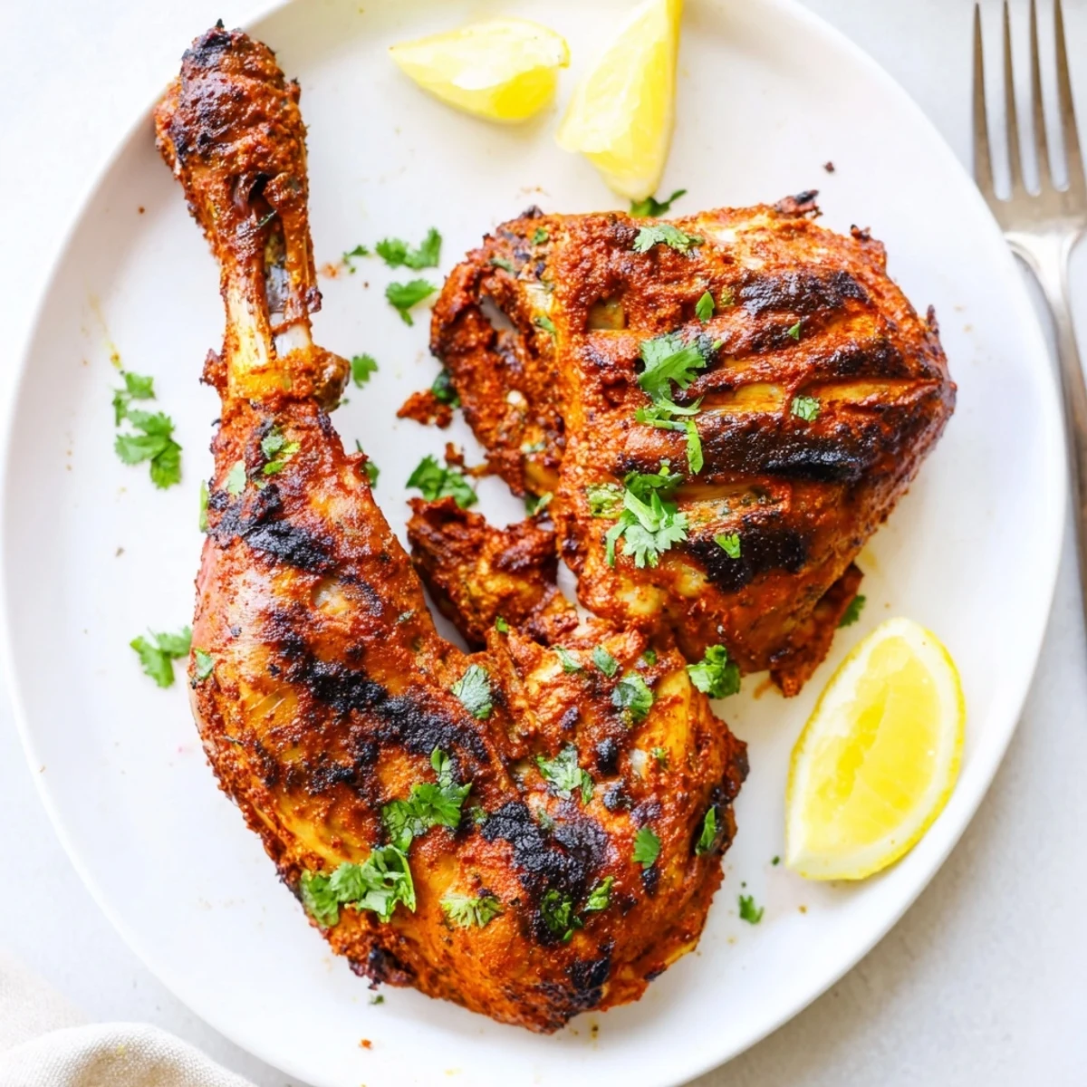 Tandoori Chicken roasted with charred edges, bright cilantro and lemon wedges.