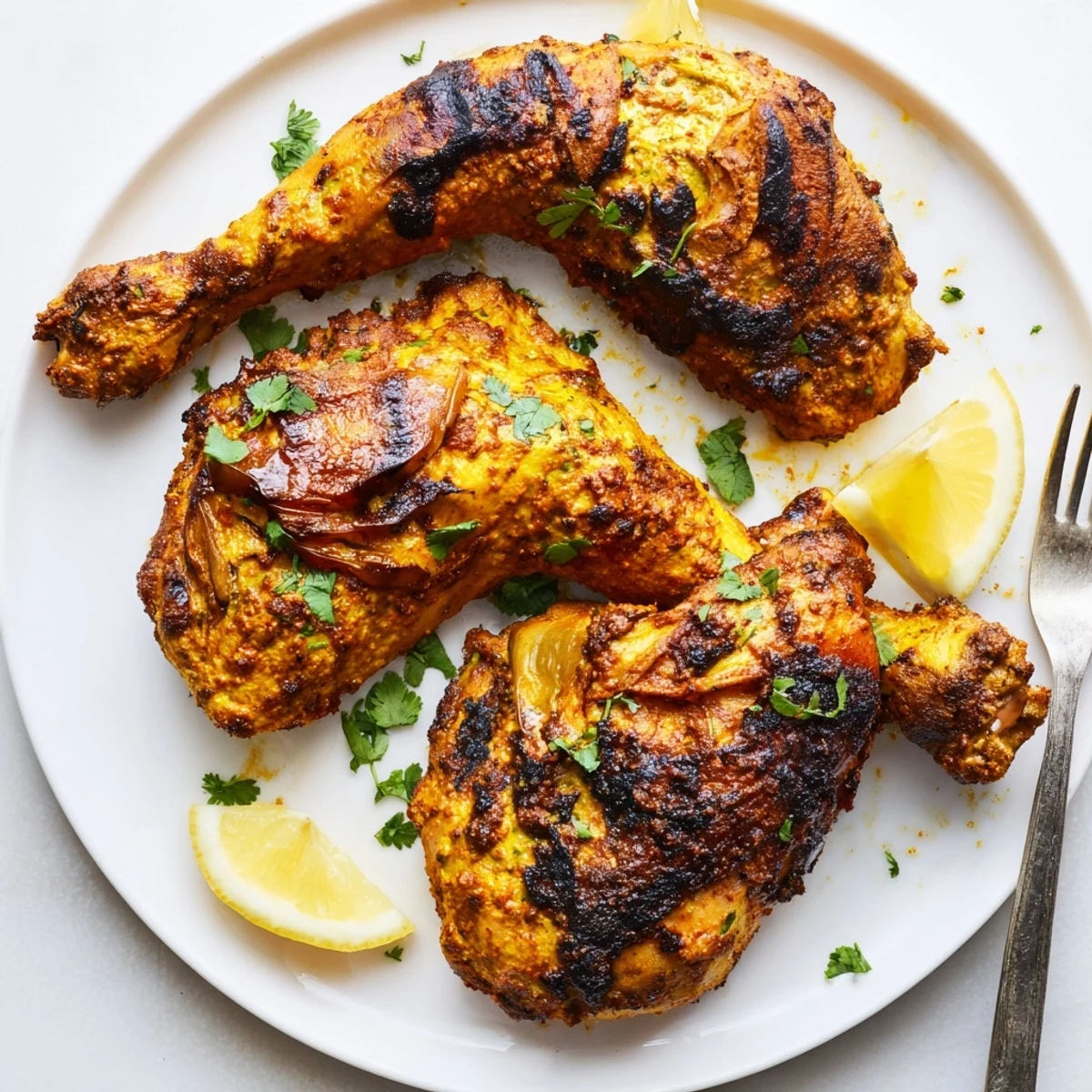 Grilled Tandoori Chicken resting on a rack, juicy pieces and lemon.