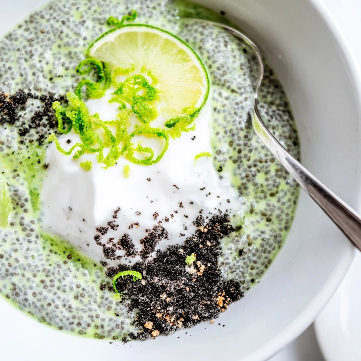 Key Lime Chia Pudding topped with coconut yogurt and bright lime zest