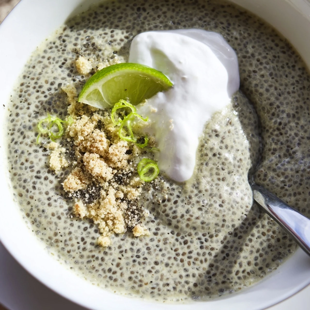 Vegan Key Lime Chia Pudding sprinkled with gluten-free graham crumbs, served chilled
